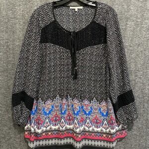 Daniel‎ Rainn Top Womens 1X Black Floral Crochet Boho Peasant Fairy Grunge Flowy